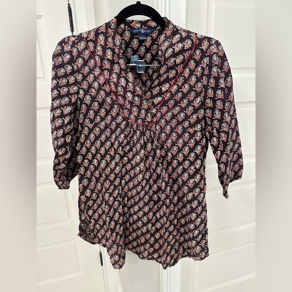 Vintage April Cornell Floral Blouse Tunic Cottagecore Sz Small Cotton 3/4 Sleeve